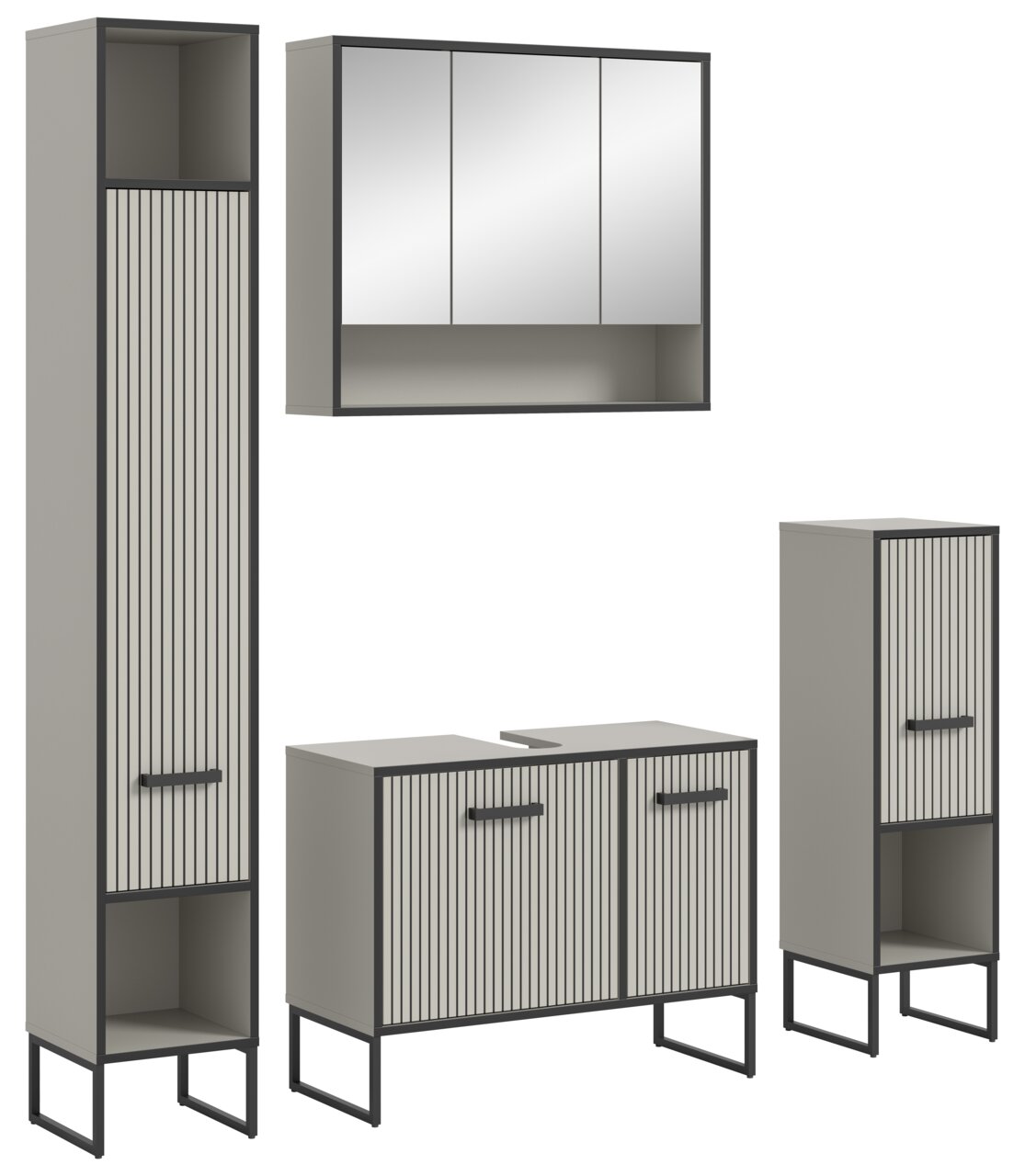 Moderne Badkombination in grauem Design mit vertikalen Streifen und schwarzem Rahmen, bestehend aus einem hohen Schrank, einem Spiegelschrank und zwei weiteren Schränken, frontal betrachtet.