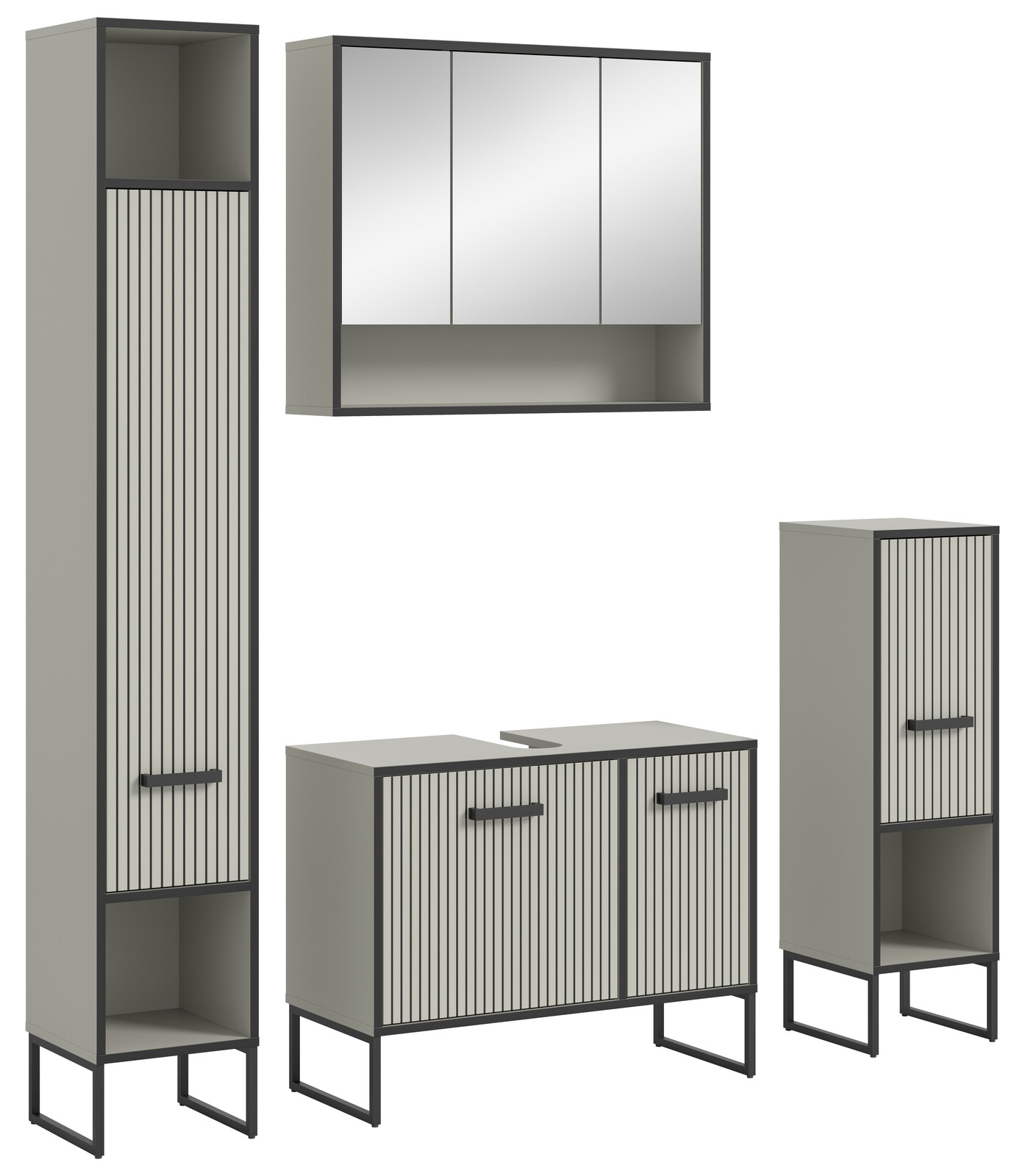 Moderne Badkombination in grauem Design mit vertikalen Streifen und schwarzem Rahmen, bestehend aus einem hohen Schrank, einem Spiegelschrank und zwei weiteren Schränken, frontal betrachtet.