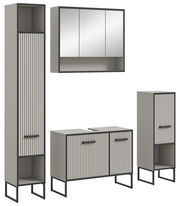 Moderne Badkombination in grauem Design mit vertikalen Streifen und schwarzem Rahmen, bestehend aus einem hohen Schrank, einem Spiegelschrank und zwei weiteren Schränken, frontal betrachtet.