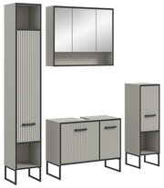 Moderne Badkombination in grauem Design mit vertikalen Streifen und schwarzem Rahmen, bestehend aus einem hohen Schrank, einem Spiegelschrank und zwei weiteren Schränken, frontal betrachtet.