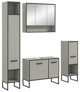 Moderne Badkombination in grauem Design mit vertikalen Streifen und schwarzem Rahmen, bestehend aus einem hohen Schrank, einem Spiegelschrank und zwei weiteren Schränken, frontal betrachtet.