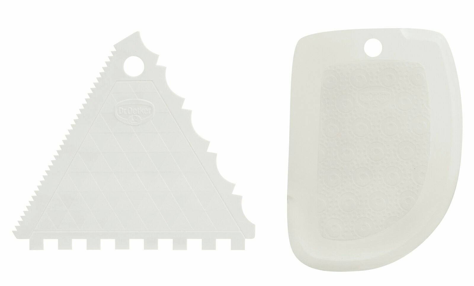 Set aus Tortenkamm und Teigschaber, von oben betrachtet, mit gezacktem und glattem Rand.