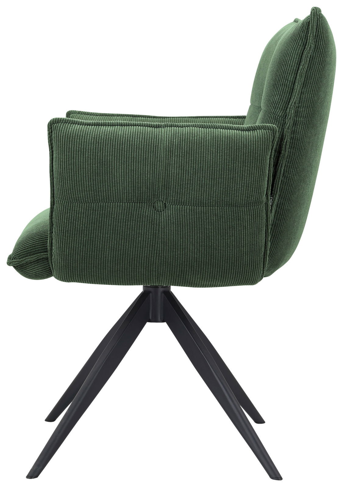 Grüner Armlehnstuhl aus Cordstoff mit schwarzem Metallgestell, Seitenansicht