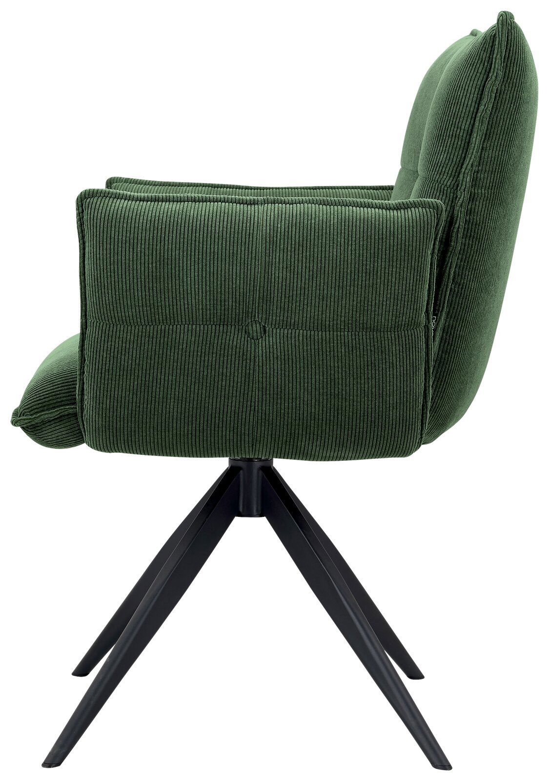 Grüner Armlehnstuhl aus Cordstoff mit schwarzem Metallgestell, Seitenansicht