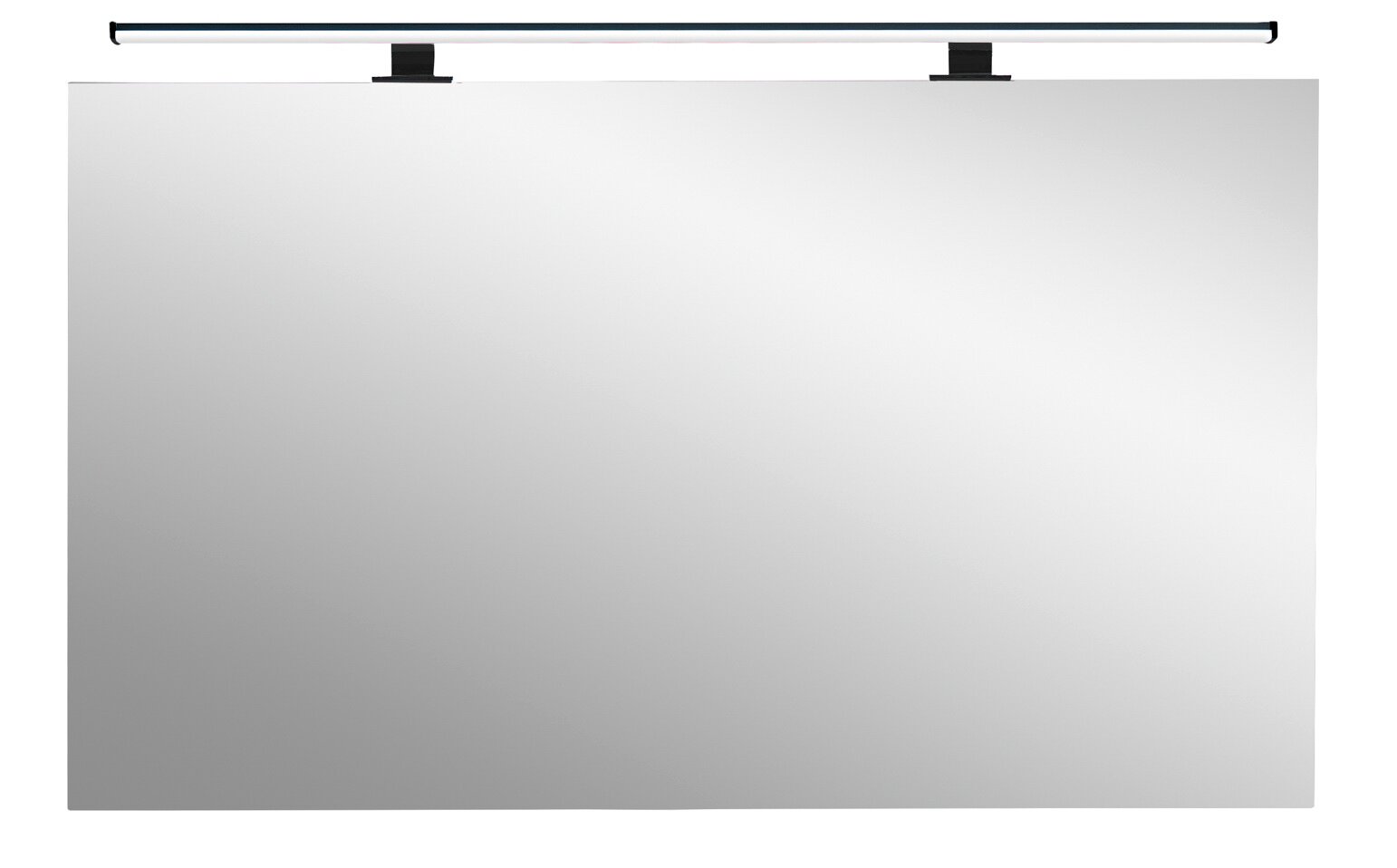 Dieter Knoll Spiegel mit LED-Beleuchtung MEZZANO Große weiße Projektionsleinwand mit schwarzer Aufhängestange und Halterungen, frontal von vorne aufgenommen