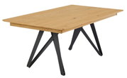 Moderner Esstisch aus Holz mit schwarzem Metallgestell, seitliche Perspektive
