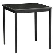 Moderner schwarzer Esstisch mit quadratischer Tischplatte und Metallbeinen, seitliche Perspektive