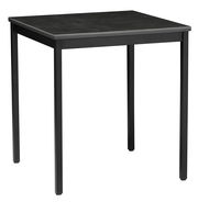 Moderner schwarzer Esstisch mit quadratischer Tischplatte und Metallbeinen, seitliche Perspektive