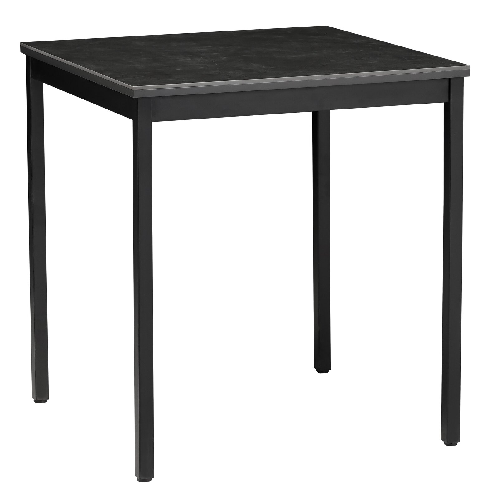 Moderner schwarzer Esstisch mit quadratischer Tischplatte und Metallbeinen, seitliche Perspektive