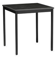 Moderner schwarzer Esstisch mit quadratischer Tischplatte und Metallbeinen, seitliche Perspektive