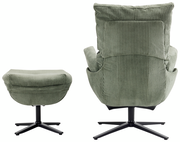 Rückansicht eines grünen Relaxsessels mit Hocker, beide mit geripptem Stoffbezug und schwarzem Drehfuß.