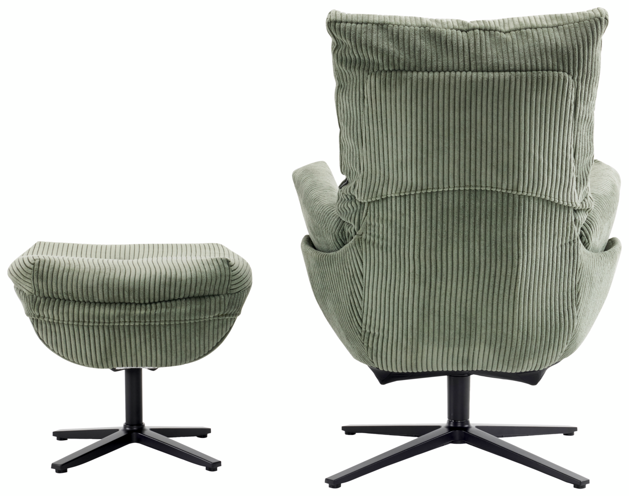 Rückansicht eines grünen Relaxsessels mit Hocker, beide mit geripptem Stoffbezug und schwarzem Drehfuß.