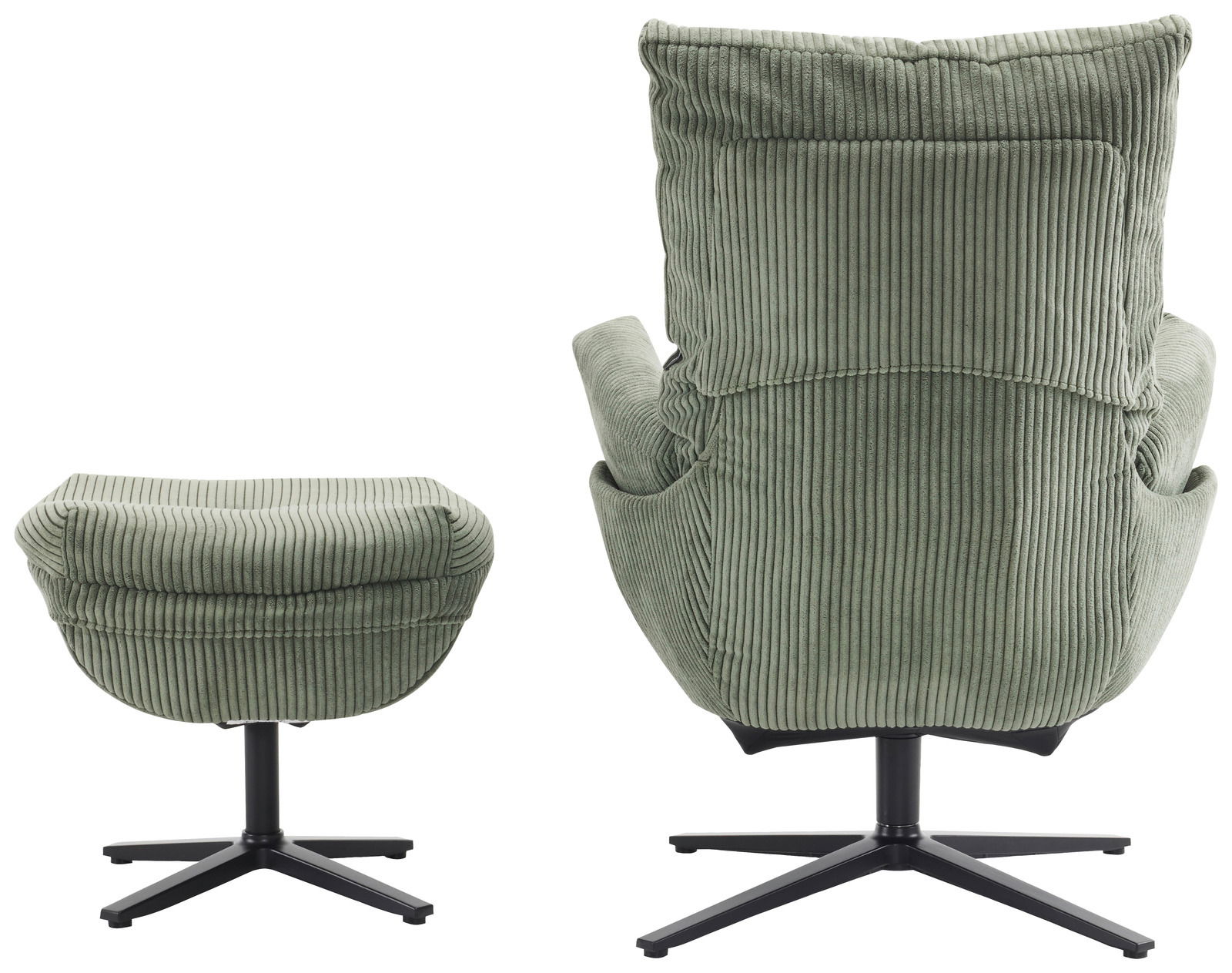 Rückansicht eines grünen Relaxsessels mit Hocker, beide mit geripptem Stoffbezug und schwarzem Drehfuß.