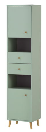 Hochschrank in hellem Grün mit zwei Türen, zwei Schubladen und offenen Fächern, aus der Vorderansicht fotografiert.