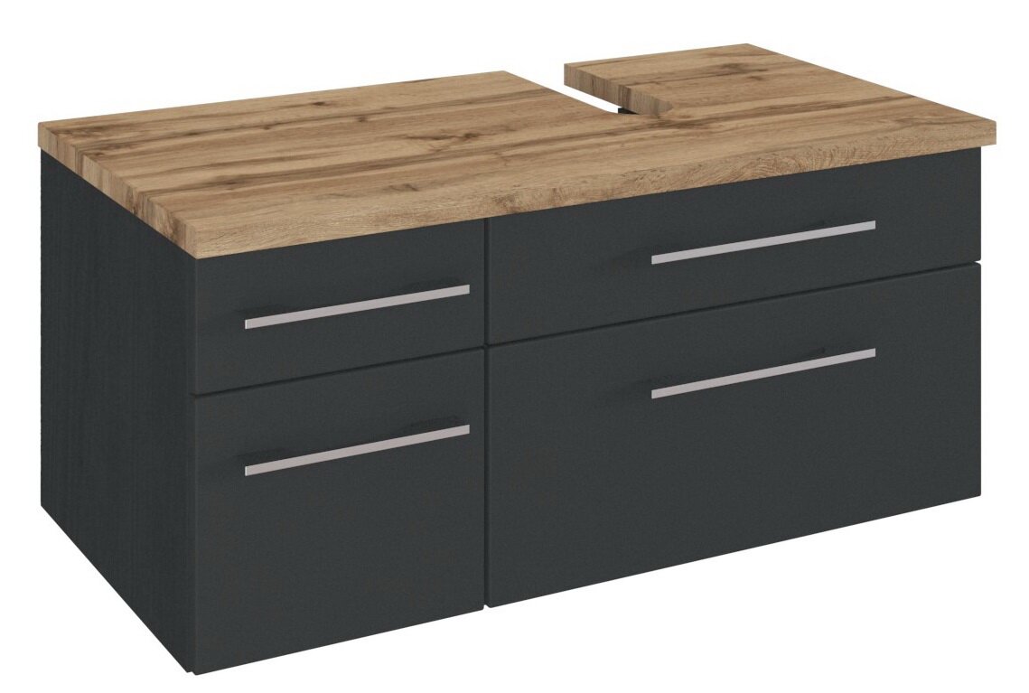 Moderner Waschbeckenunterschrank mit dunklen Schubladen und einer Holzoberfläche, perspektivisch von vorne rechts betrachtet.