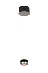 Moderne Pendelleuchte mit kugelförmigem Design, silbernem und schwarzem Finish, von unten betrachtet.