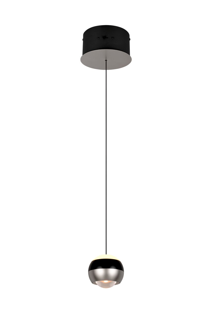Moderne Pendelleuchte mit kugelförmigem Design, silbernem und schwarzem Finish, von unten betrachtet.
