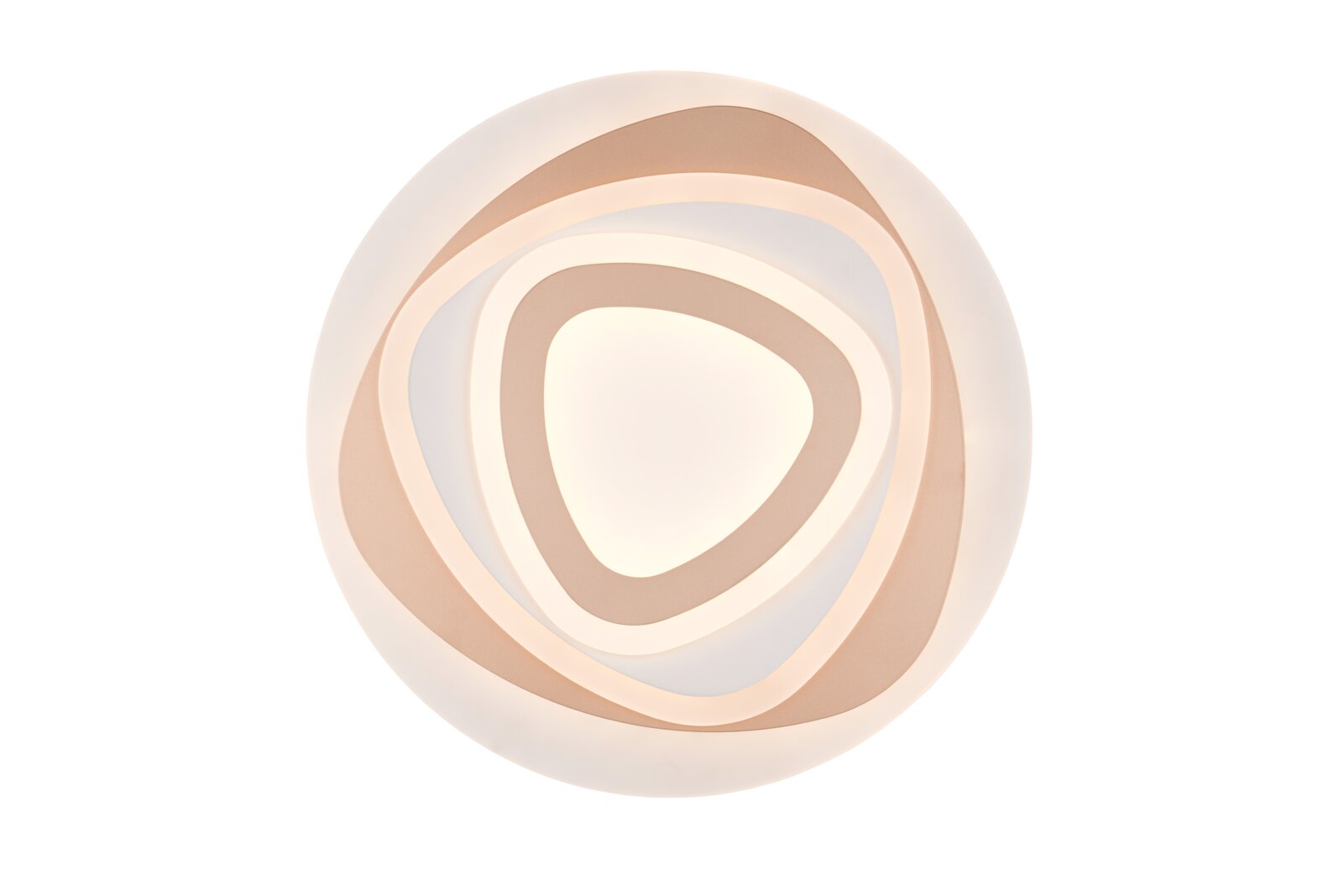 Moderne runde LED-Deckenleuchte mit mehrlagigem, organisch geschwungenem Ring-Design in Weiß und warmem Beige, Draufsicht von unten auf weißem Hintergrund