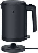 Schwarzer Wasserkocher mit 0,8L Fassungsvermögen, seitliche Ansicht mit abgenommener Basis.