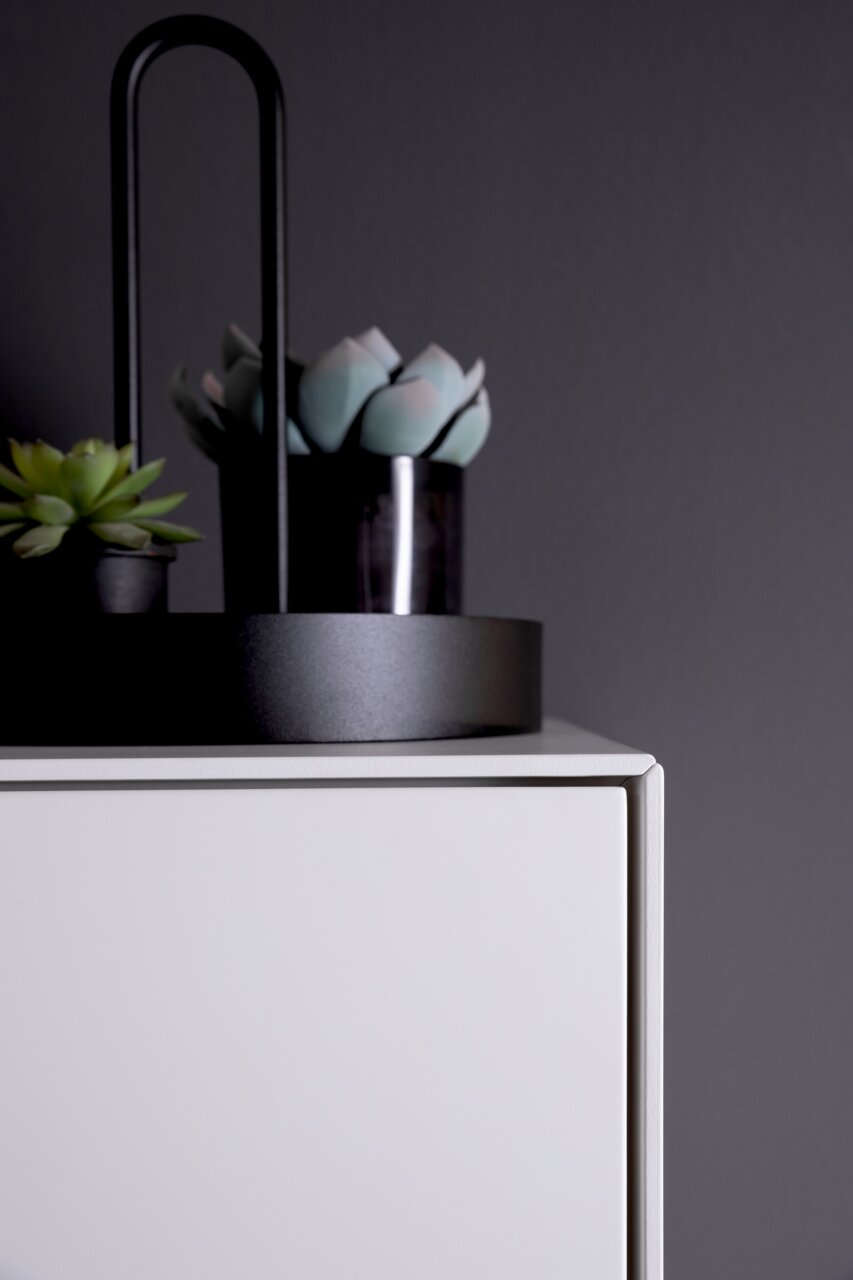Nahaufnahme eines modernen weißen Sideboards mit dekorativen Pflanzen auf der Oberseite, seitliche Perspektive.