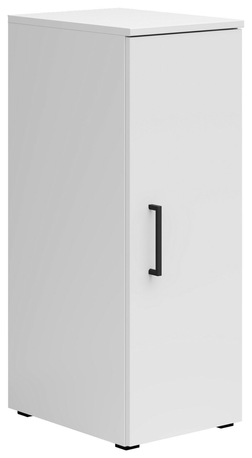 Carryhome Multifunctionele kast MULTISTAURAUM Weißer Mehrzweckschrank mit schwarzem Griff, perspektivisch von vorne links betrachtet.
