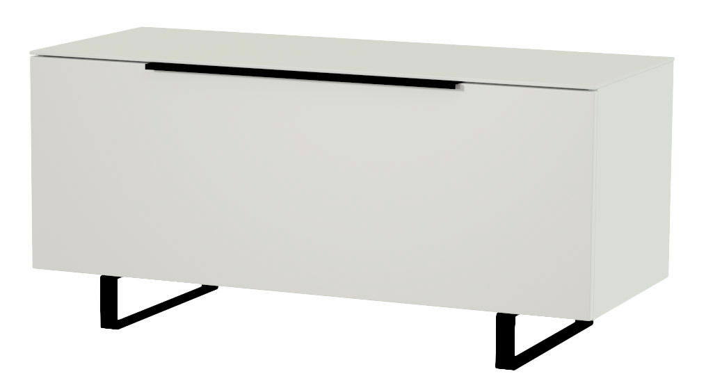 Modernes TV-Lowboard in Weiß mit schwarzem Griff und Metallbeinen, seitliche Perspektive