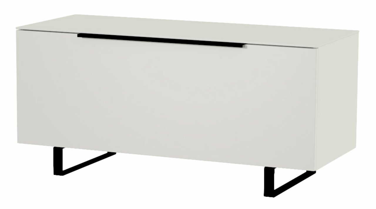 Modernes TV-Lowboard in Weiß mit schwarzem Griff und Metallbeinen, seitliche Perspektive