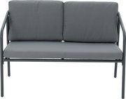 Gartenlounge mit grauem Metallrahmen und grauen Kissen, Frontalansicht