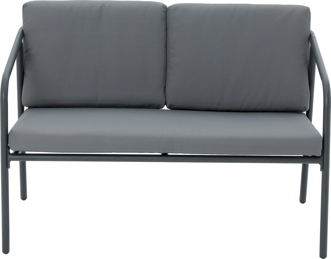 Gartenlounge mit grauem Metallrahmen und grauen Kissen, Frontalansicht