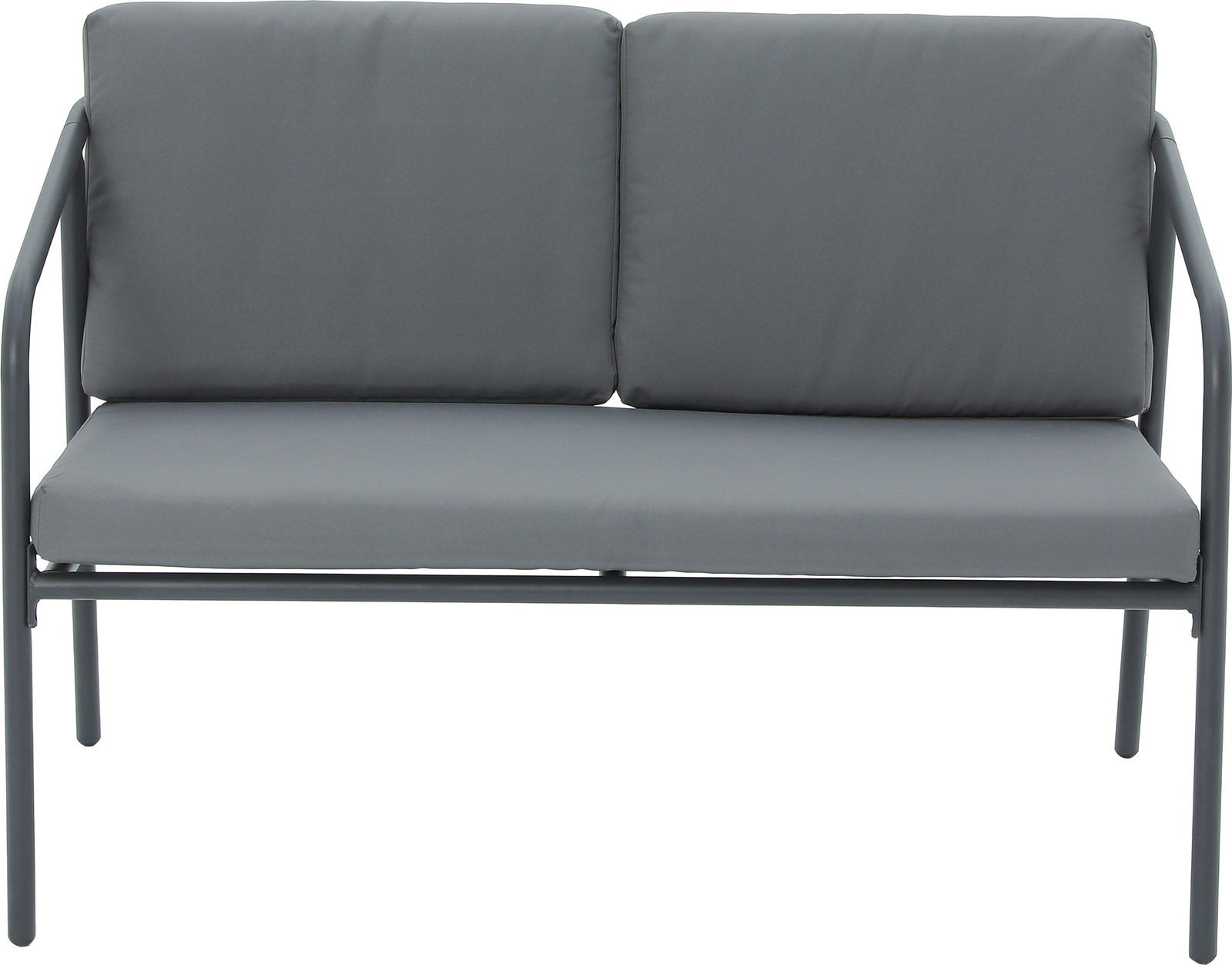 Gartenlounge mit grauem Metallrahmen und grauen Kissen, Frontalansicht