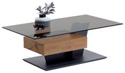 Moderner Couchtisch mit Glasplatte, Holzschublade und schwarzem Sockel, seitliche Perspektive