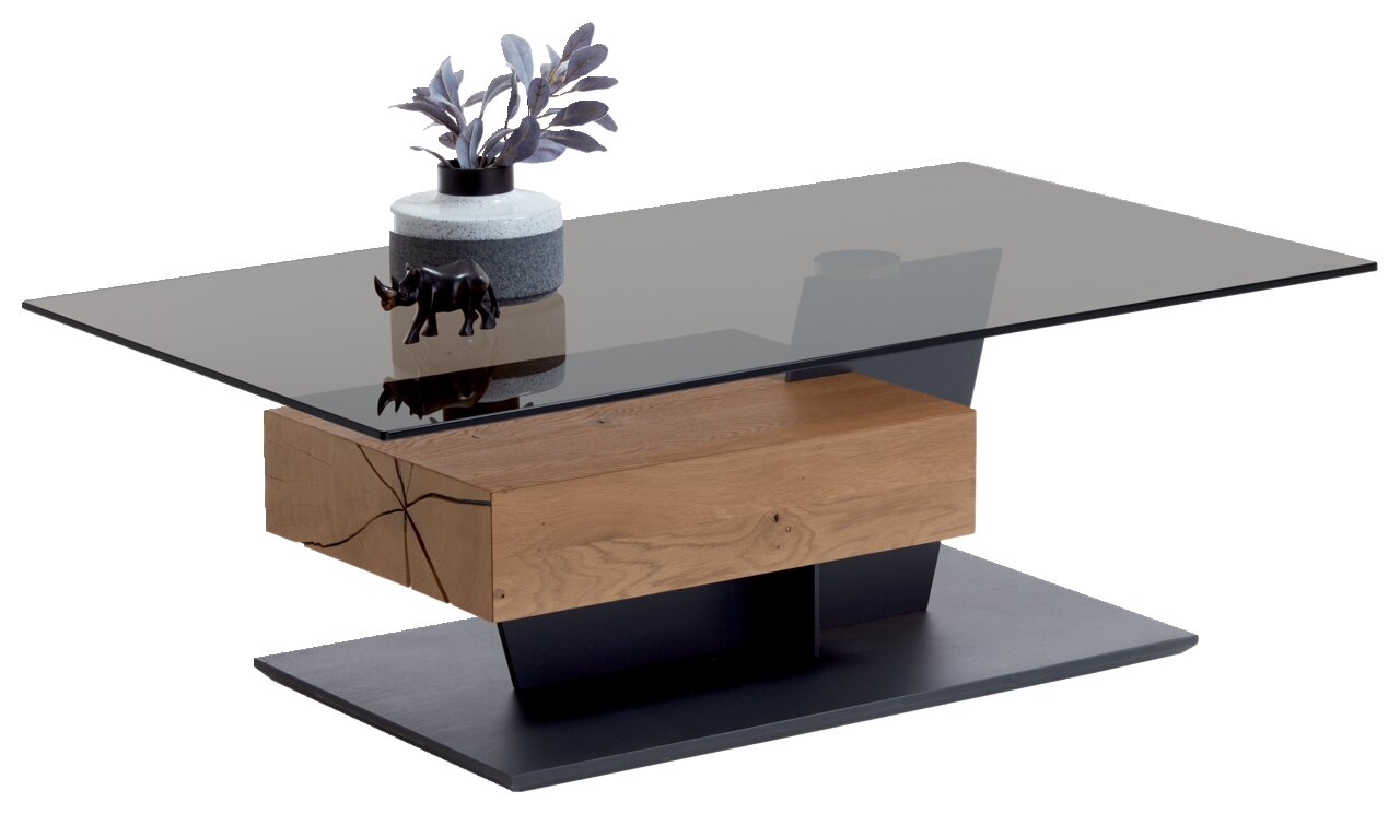 Moderner Couchtisch mit Glasplatte, Holzschublade und schwarzem Sockel, seitliche Perspektive