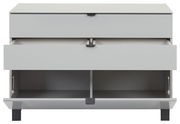 Frontansicht eines modernen, grauen Sideboards mit zwei offenen Schubladen und einem offenen Fach darunter.