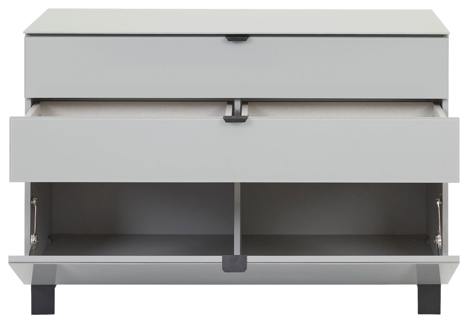 Frontansicht eines modernen, grauen Sideboards mit zwei offenen Schubladen und einem offenen Fach darunter.