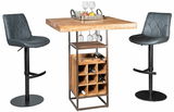 Bar-Set mit zwei grauen Barhockern und einem Holztisch mit integriertem Weinregal, seitliche Perspektive