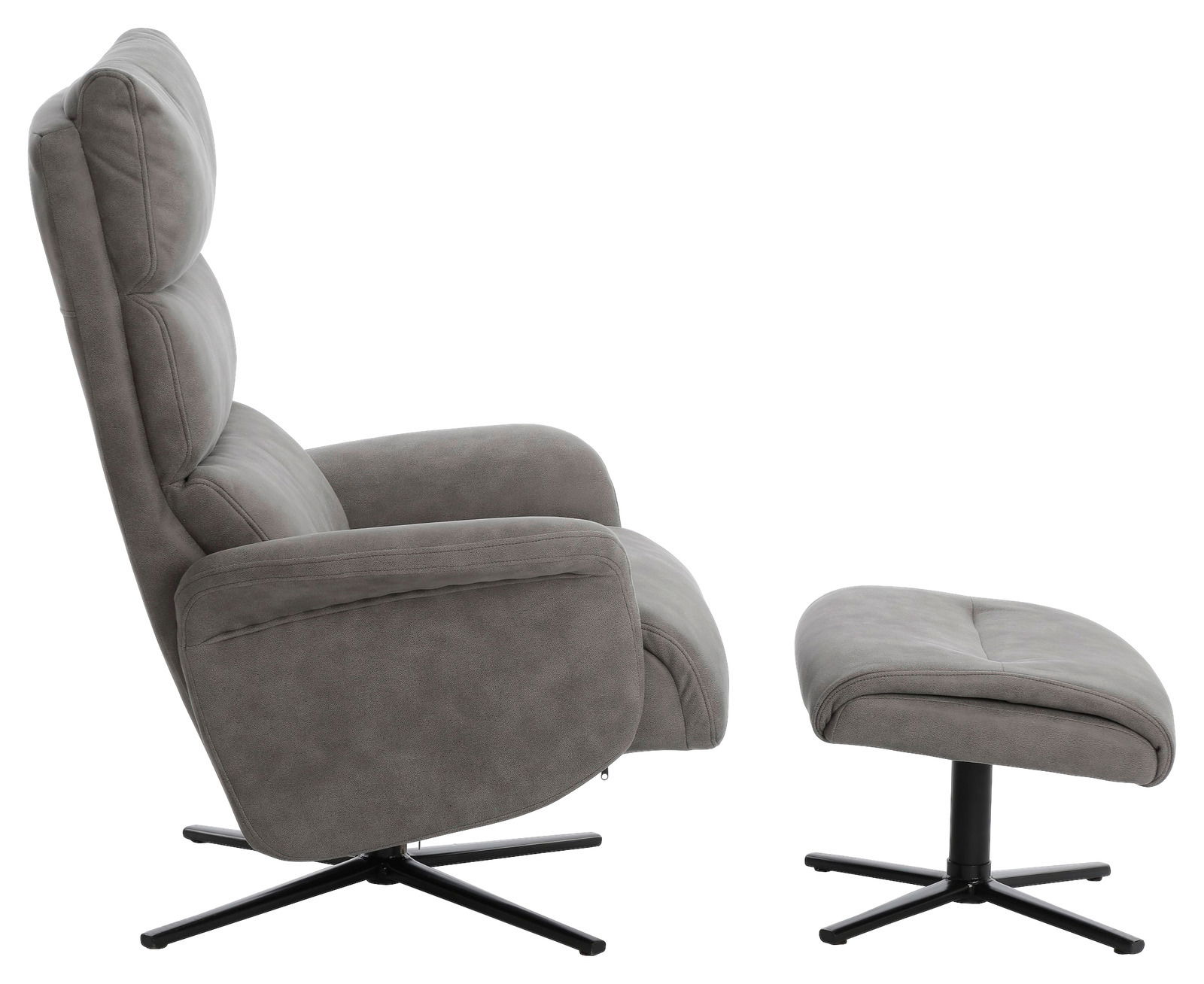 Grauer Relaxsessel mit Hocker, seitliche Perspektive