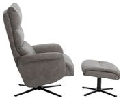 Grauer Relaxsessel mit Hocker, seitliche Perspektive