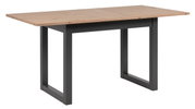 Moderne eettafel met houten blad en zwarte metalen poten, zijaanzicht