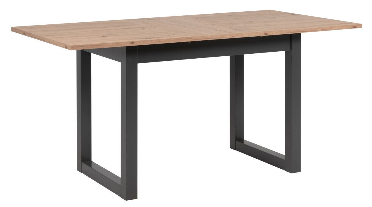 Moderne eettafel met houten blad en zwarte metalen poten, zijaanzicht