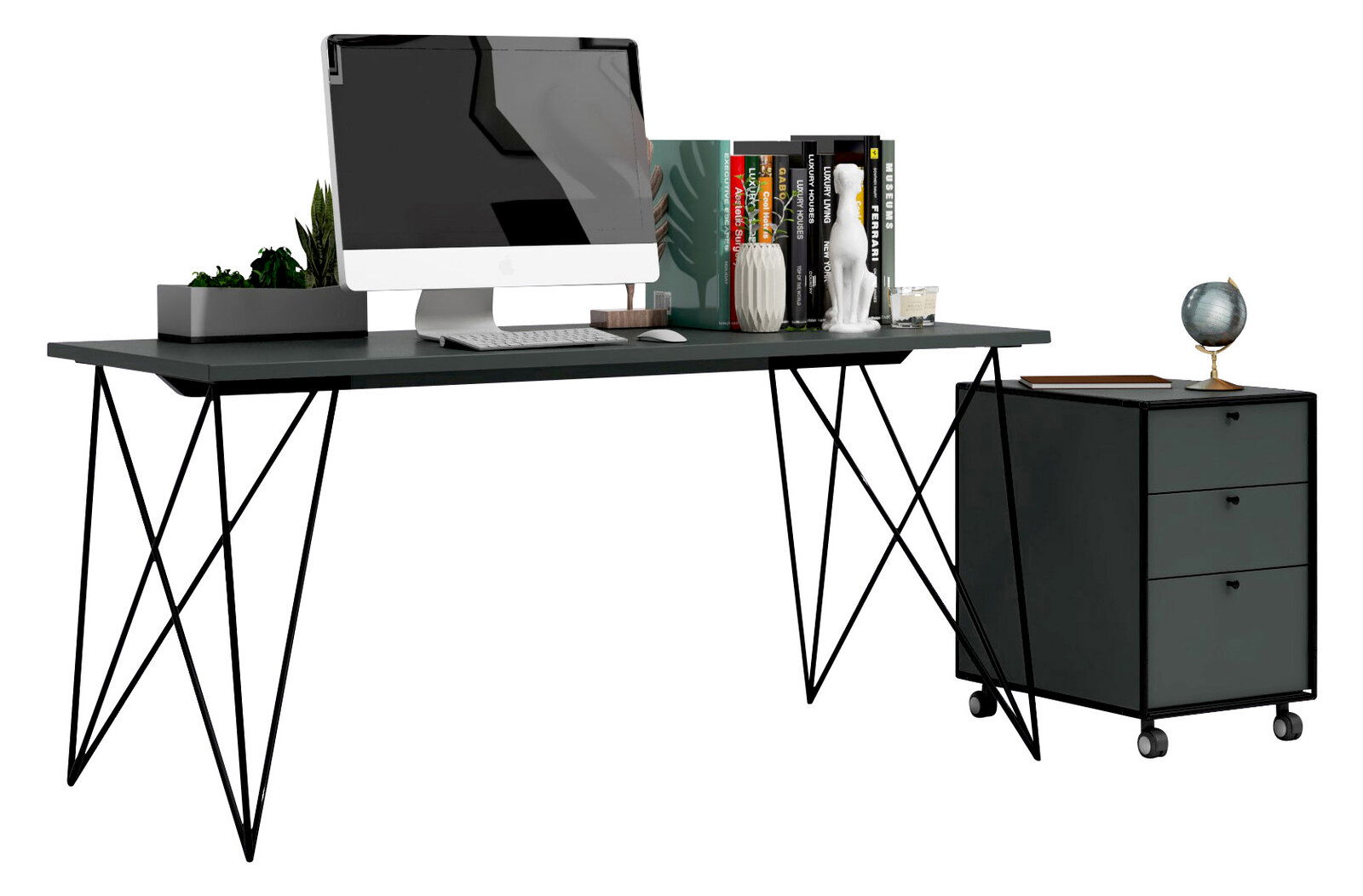 Moderner Schreibtisch mit schwarzem Metallgestell, Computer, Büchern und Dekorationen, seitliche Perspektive