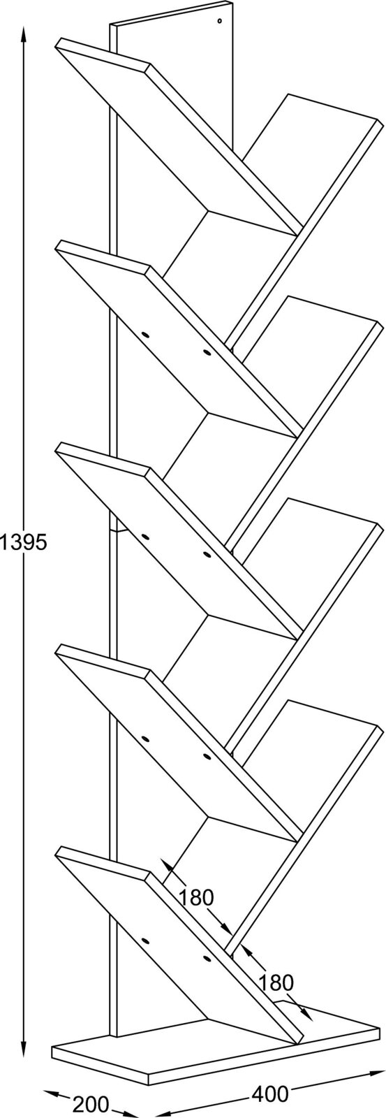 Technische Strichzeichnung eines freistehenden, schrägen Prospekt- oder Zeitschriftenständers mit mehreren Ablagefächern; Seitenansicht in leichter Perspektive, Maße ca. 1395 mm hoch, 400 mm breit und 200 mm tief.
