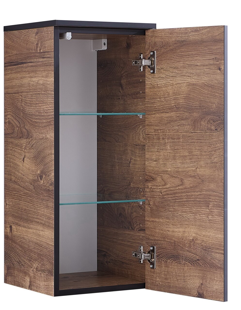 Geöffneter Wandschrank aus Holz mit Glaseinlegeböden, seitliche Perspektive