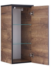 Geöffneter Wandschrank aus Holz mit Glaseinlegeböden, seitliche Perspektive