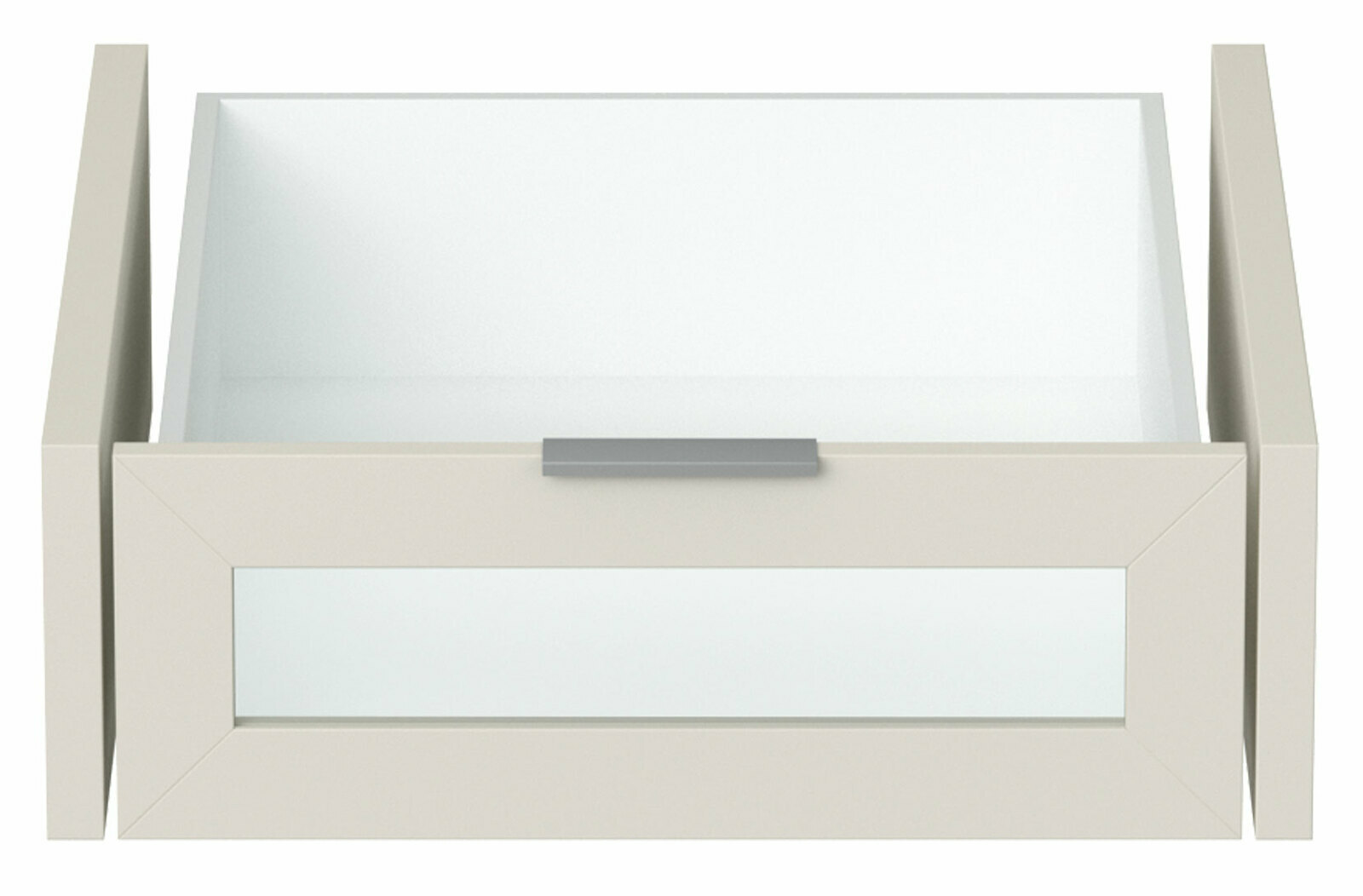 Frontansicht einer modernen Innenschublade mit Glasfront und grauem Griff.