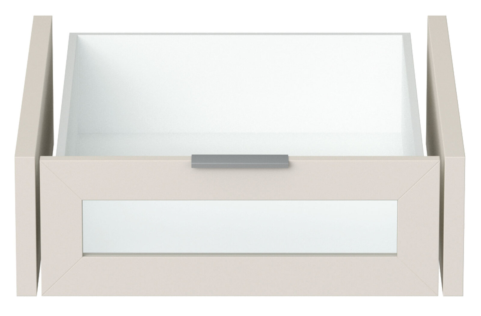 Frontansicht einer modernen Innenschublade mit Glasfront und grauem Griff.
