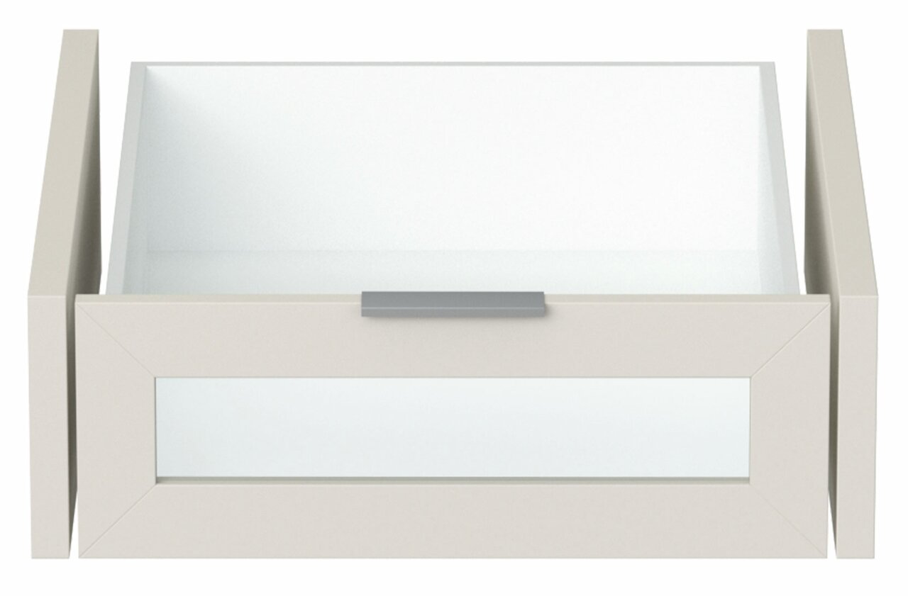 Frontansicht einer modernen Innenschublade mit Glasfront und grauem Griff.
