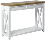 Weiße Konsole mit zwei Schubladen und Holztischplatte, seitliche X-Verstrebungen, Perspektive von vorne