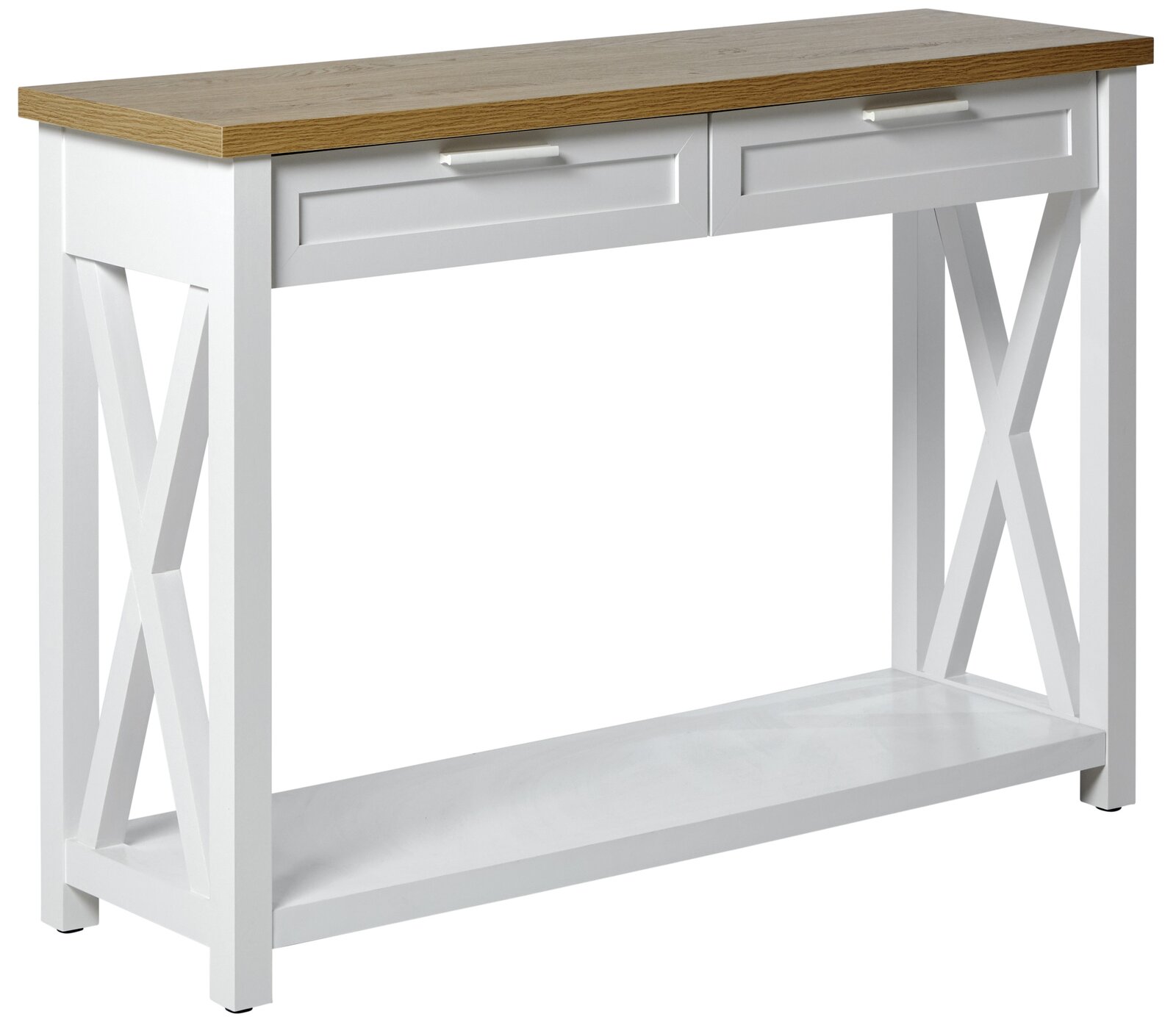Weiße Konsole mit zwei Schubladen und Holztischplatte, seitliche X-Verstrebungen, Perspektive von vorne