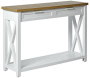 Weiße Konsole mit zwei Schubladen und Holztischplatte, seitliche X-Verstrebungen, Perspektive von vorne