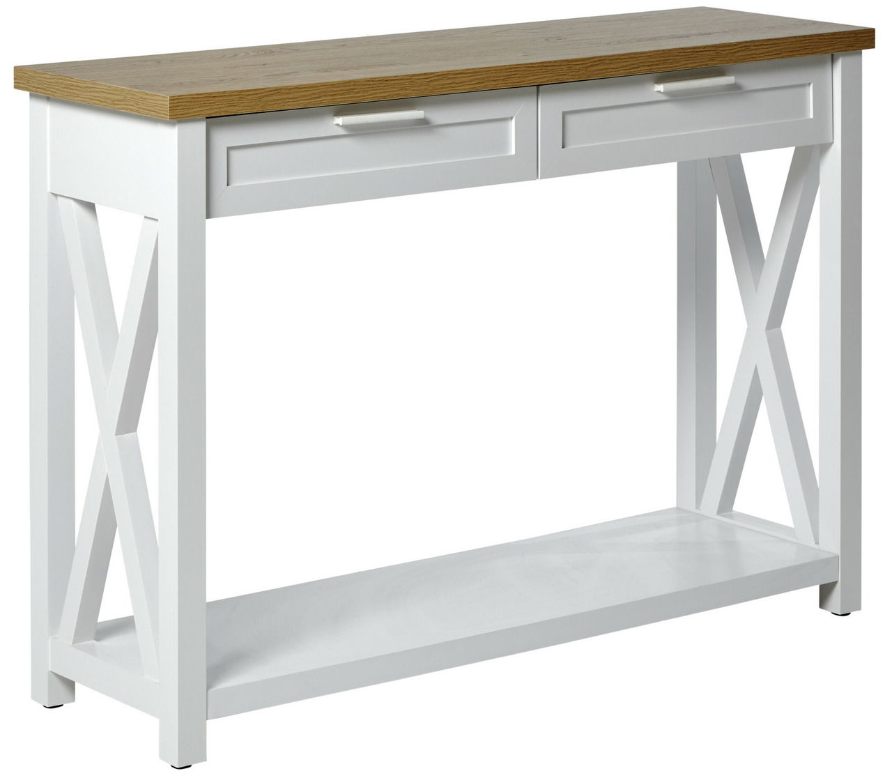 Weiße Konsole mit zwei Schubladen und Holztischplatte, seitliche X-Verstrebungen, Perspektive von vorne